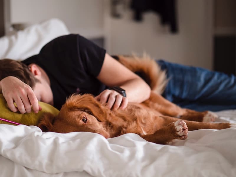 man snuggling with his dog offering emotional support