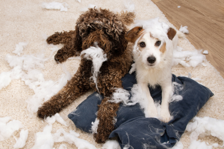 two dogs covered in a pillow they chewed up